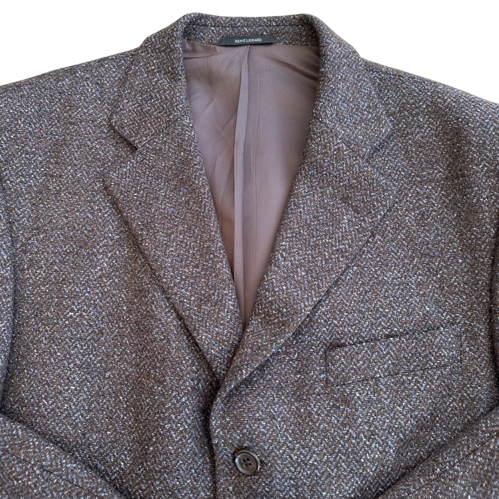 Rene Lezard Mens Vintage Silk Wool Blazer‎ Jacket Brown Blue Tweed Size 42L 102